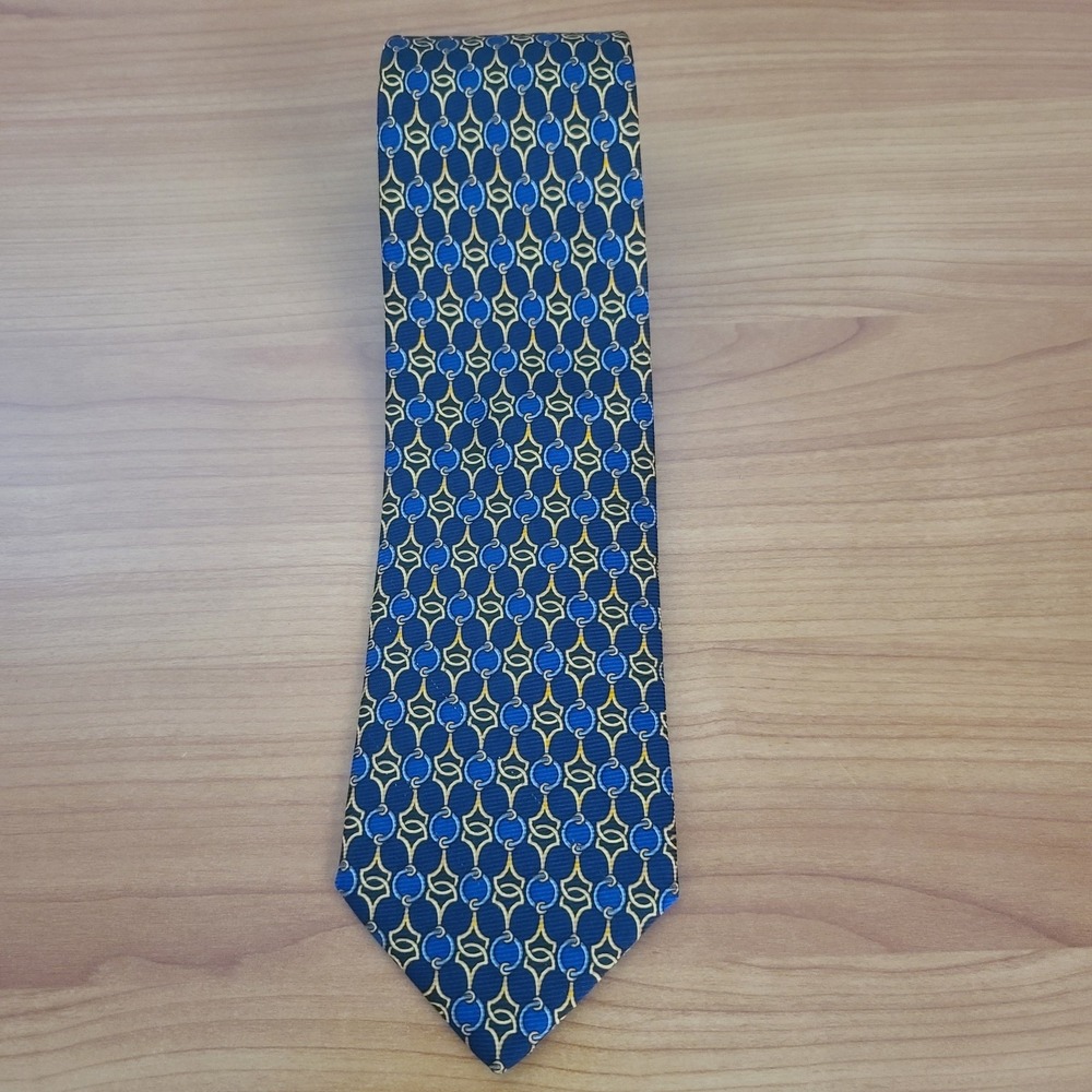 Brooks Brothers‎ Makers Silk Necktie Yellow Blue Geometric Pattern 58 x 3.5 USA